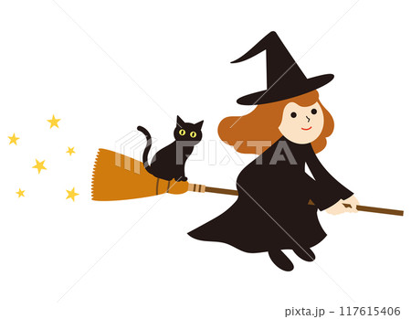 箒で飛んているかわいい魔女と黒猫 117615406