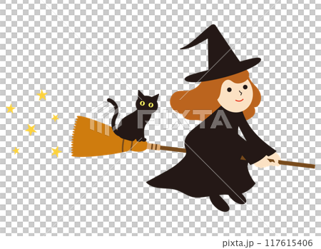 箒で飛んているかわいい魔女と黒猫 117615406