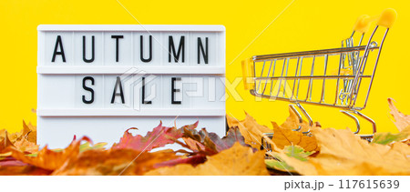 Autumn sale and discount concept. Shopping cart and fallen colored leaves on a yellow background. Creative composition for advertising. Autumn sale and discount concept. Shopping cart and fallen colored leaves on a yellow background. Creative composition for advertising. 117615639