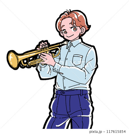 トランペットを持つ笑顔の男の子のイラスト トランペットを持つ笑顔の男の子のイラスト 117615854
