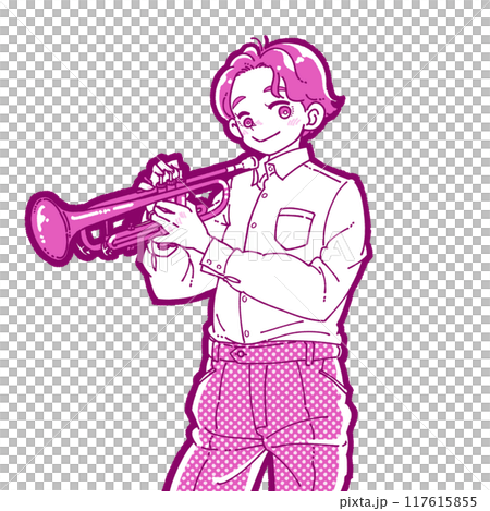 一個拿著喇叭微笑的男孩的插圖 117615855