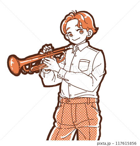 トランペットを持つ笑顔の男の子のイラスト 117615856