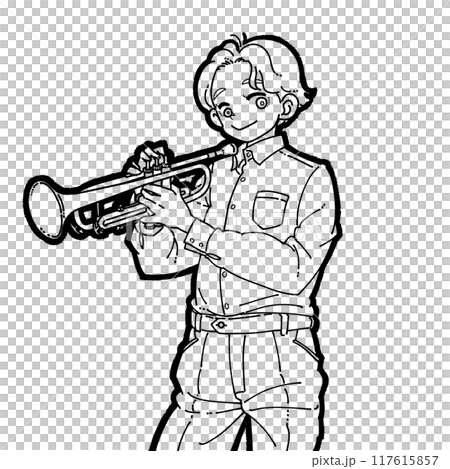 一個拿著喇叭微笑的男孩的插圖 117615857