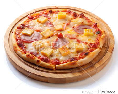 Hawaiian pizza in wooden plate isolated on white background.Homemade Hawaiian Pizza 117616222