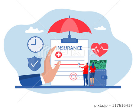 Health insurance concept,Patient reviews document carefully Care medical, Reliable protection, healthcare plan choice metaphor. Can use for web banner 117616417