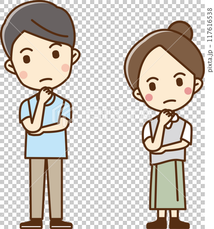 一個男人和一個女人雙手托著下巴歪著頭的插圖 一個男人和一個女人雙手托著下巴歪著頭的插圖 117616538