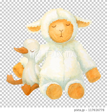 Plush toys sleep, sitting alongside, hugging each other. White watercolor composition of a fluffy lamb and a soft duckling or gosling. Isolated clipart for children's printing and home textiles Plush toys sleep, sitting alongside, hugging each other. White watercolor composition of a fluffy lamb and a soft duckling or gosling. Isolated clipart for children's printing and home textiles 117616778