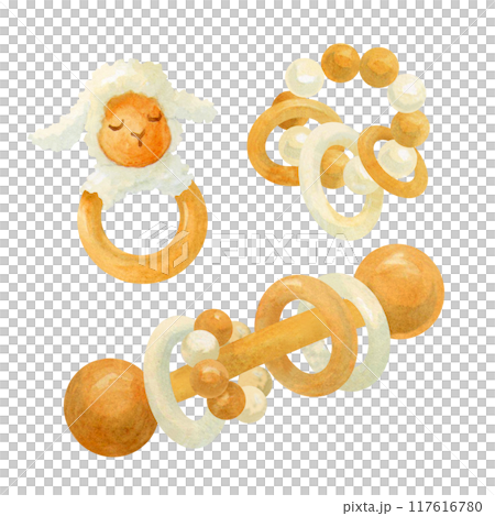 Eco friendly infant toys. Watercolor wooden rattle, teether, beads, sleeping textile lamb isolated on white background for baby shower, children's toy, kid's shop, card, fabric, newborn's room design 117616780
