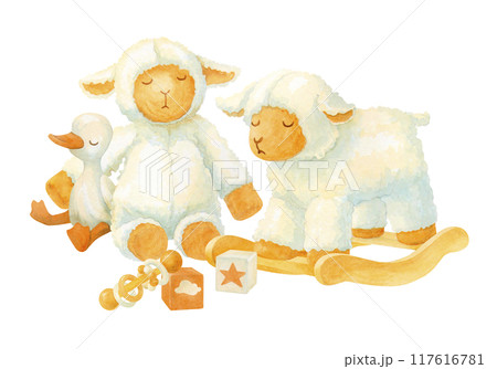 Isolated watercolor composition of sleeping plush and wooden toys with fluffy lamb hugging soft duckling or gosling, rocking sheep, rattle and textile cube for baby shower invitation or fabric pattern Isolated watercolor composition of sleeping plush and wooden toys with fluffy lamb hugging soft duckling or gosling, rocking sheep, rattle and textile cube for baby shower invitation or fabric pattern 117616781