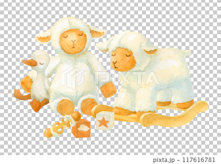 Isolated watercolor composition of sleeping plush and wooden toys with fluffy lamb hugging soft duckling or gosling, rocking sheep, rattle and textile cube for baby shower invitation or fabric pattern Isolated watercolor composition of sleeping plush and wooden toys with fluffy lamb hugging soft duckling or gosling, rocking sheep, rattle and textile cube for baby shower invitation or fabric pattern 117616781