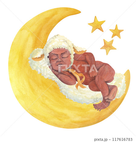 African American baby wearing cap with lamb's ears sleeping on the moon. Isolated watercolor illustration of sweet naked black infant for baby shower invitations, cards, posters, kid prints and design 117616783