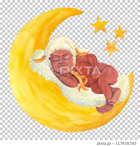 African American baby wearing cap with lamb's ears sleeping on the moon. Isolated watercolor illustration of sweet naked black infant for baby shower invitations, cards, posters, kid prints and design 117616783