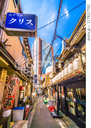 日本の東京都市景観　8月。三軒茶屋駅すぐの飲み屋街「三茶3番街」（三軒茶屋三角地帯）などを望む 117617702