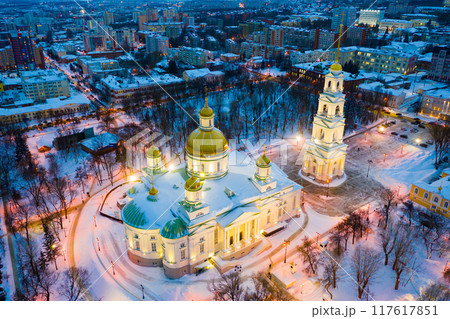 Evening view of the Spassky Cathedral in winter in Penza. Evening view of the Spassky Cathedral in winter in Penza. 117617851