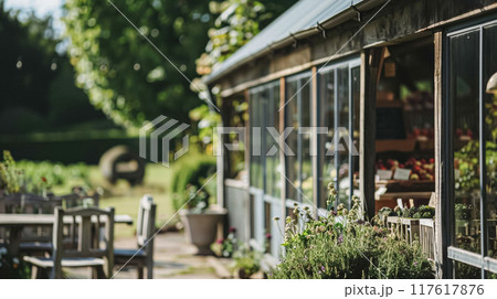 Details and products on shelves in the English counryside farm shop, small business, country style design 117617876