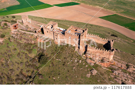 Riba de Santiuste castle. View from above. Guadalajara, Castile La Mancha community Riba de Santiuste castle. View from above. Guadalajara, Castile La Mancha community 117617888