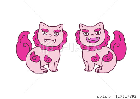 ピンク色のシーサーのかわいい手描き風のイラスト 117617892
