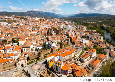 Drone view of Plasencia on Jerte River overlooking medieval cathedral Drone view of Plasencia on Jerte River overlooking medieval cathedral 117617900