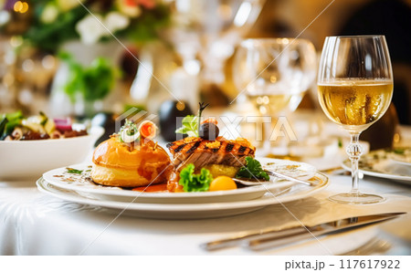 Luxury food service, appetisers and desserts served at a restaurant or formal dinner event in classic English style in the luxurious hotel or country estate, post-processed, generative ai Luxury food service, appetisers and desserts served at a restaurant or formal dinner event in classic English style in the luxurious hotel or country estate, post-processed, generative ai 117617922