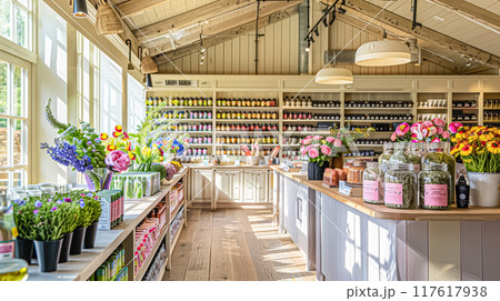Details and products on shelves in the English counryside farm shop, small business, country style design 117617938