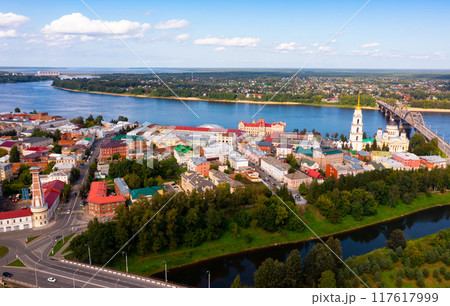 Aerial view of Rybinsk with Transfiguration Cathedral on bank of Volga and bridge Aerial view of Rybinsk with Transfiguration Cathedral on bank of Volga and bridge 117617999