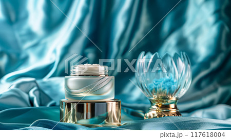 Face cream moisturiser, skincare and bodycare product on blue background, spa and organic beauty cosmetics for natural skin care routine 117618004
