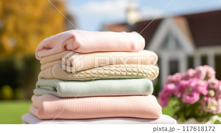 Laundry, housekeeping and homemaking, stack of clean and folded clothes in country house garden, post-processed, generative ai 117618172