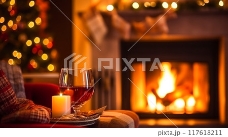 Christmas decor, holiday time and country cottage style, cosy atmosphere, decorations in the English countryside house with Christmas tree and fireplace on background, winter holidays idea 117618211
