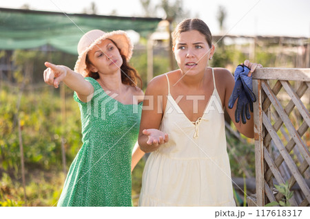 Two young women neighbors quarrel and swear near trellis Two young women neighbors quarrel and swear near trellis 117618317