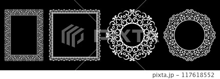 Set of decorative frames Elegant vector element for design in Eastern style, place for text. Floral black and white borders. Lace illustration for invitations and greeting cards. Set of decorative frames Elegant vector element for design in Eastern style, place for text. Floral black and white borders. Lace illustration for invitations and greeting cards. 117618552