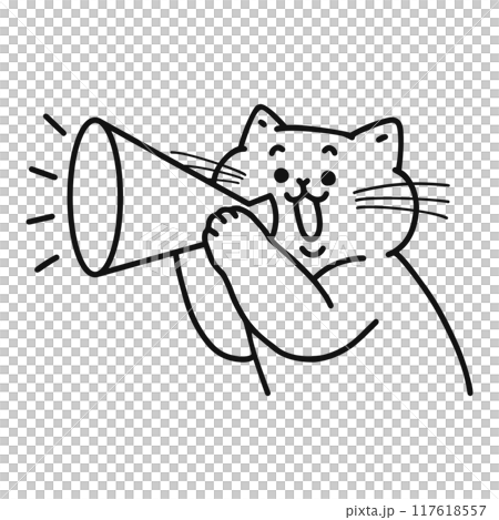 Cat holding a megaphone, line drawing 117618557
