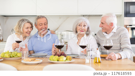 Couples of elderly women and men chatting and drinking 117618593