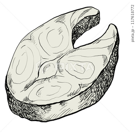 Fish steak fillet seafood meal grilling pen drawing illustration salmon snapper cod halibut Fish steak fillet seafood meal grilling pen drawing illustration salmon snapper cod halibut 117618772