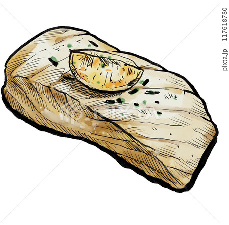 White meat fish fillet steak snapper, halibut cod grill watercolor seafood painting illustration 117618780