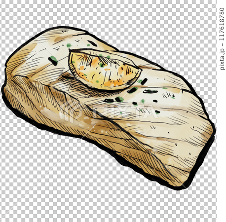 White meat fish fillet steak snapper, halibut cod grill watercolor seafood painting illustration 117618780
