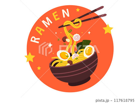 Ramen Vector Illustration of Japanese Food featuring Noodles, Chopsticks, Miso Soup, Boiled Egg, and Grilled Nori in a Flat Style Cartoon Background Ramen Vector Illustration of Japanese Food featuring Noodles, Chopsticks, Miso Soup, Boiled Egg, and Grilled Nori in a Flat Style Cartoon Background 117618795