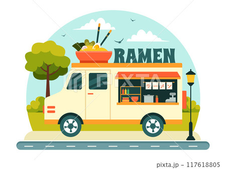 Translation : Ramen. Vector Illustration of Japanese Food featuring Noodles, Chopsticks, Miso Soup, Boiled Egg, and Grilled Nori in a Flat Background 117618805