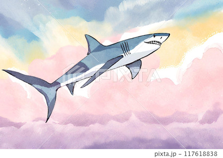 A magnificent shark takes flight in a vibrant painting, soaring through a cloudy sky with fierce strokes of art paint 117618838