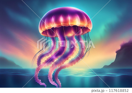 a jellyfish with a purple body and blue tentacles is swimming in the water with a blue background 117618852