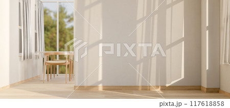 A contemporary minimalist empty unfurnished room features a parquet flooring and a white wall. 117618858