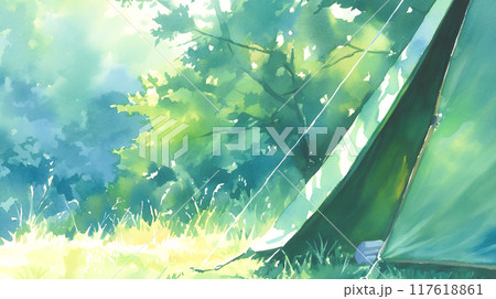 森の中に設置したテントの水彩イラスト 117618861