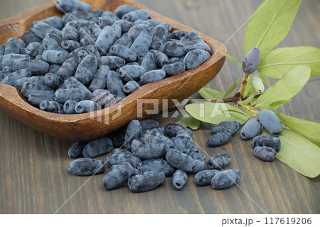 Blue Honeysuckle berries berries situated on rustic wooden table Blue Honeysuckle berries berries situated on rustic wooden table 117619206