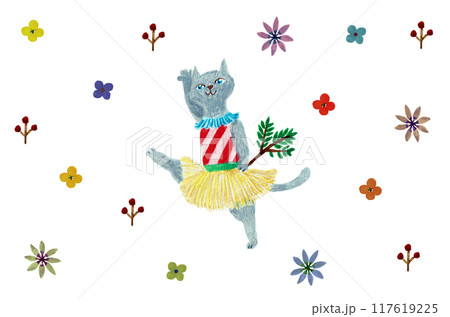 手描き水彩　ダンスをするネコと可愛い草花 117619225