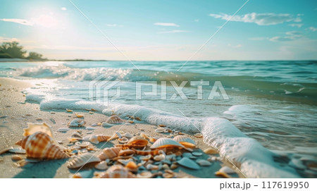 Seashells and Waves on Tranquil Beach 117619950