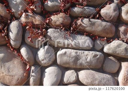 天然の丸い石を練積み壁 117620100