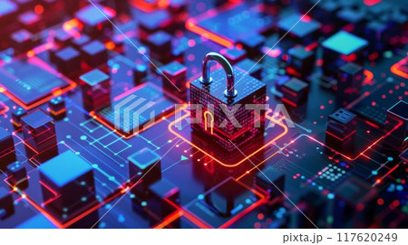 Cybersecurity Lock Icon on Digital Circuit Board Cybersecurity Lock Icon on Digital Circuit Board 117620249