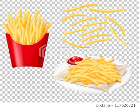 Delicious French fries on a plate and in a paper case Delicious French fries on a plate and in a paper case 117620321