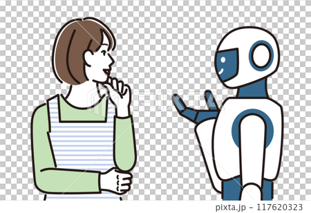 A woman in an apron talking to a robot 117620323