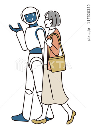 道案内をするロボットと歩くシニア女性 117620330