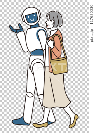道案内をするロボットと歩くシニア女性 117620330